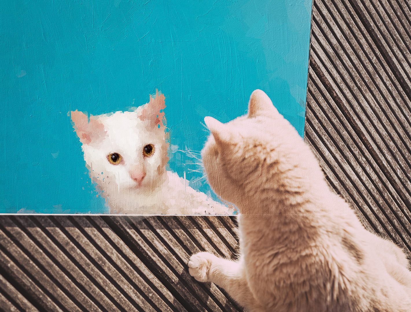 Main web page image, showing a cat, looking at a picture frame that reflects his face in a way of art painting.