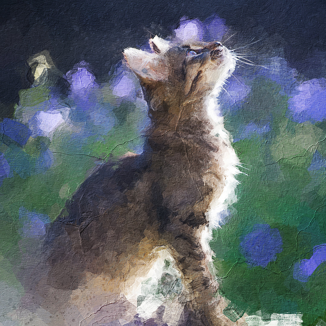 An example product image. A cat with violet flowers background.