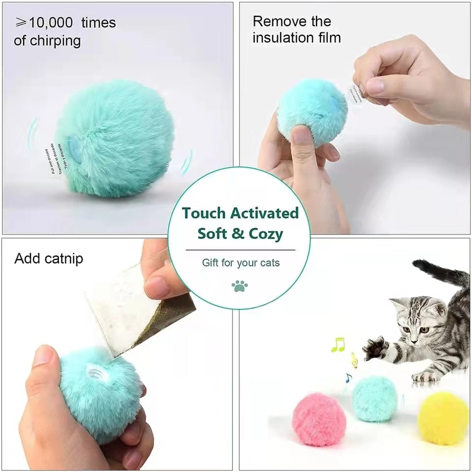 Instruction image. 10,000 times of chirping, Remove the insulation film, Add catnip. Main marketing message's at the center, saying Touch Activated Soft & Cozy, Gift for your cats.