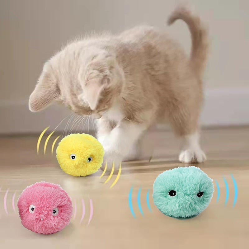 Product image, A cat with three cat toys of yellow, pink, blue colors.