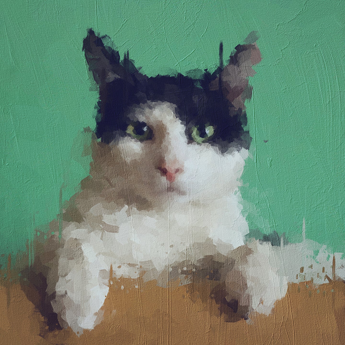 Oil Paint Example. A cat looking at camera in green background.